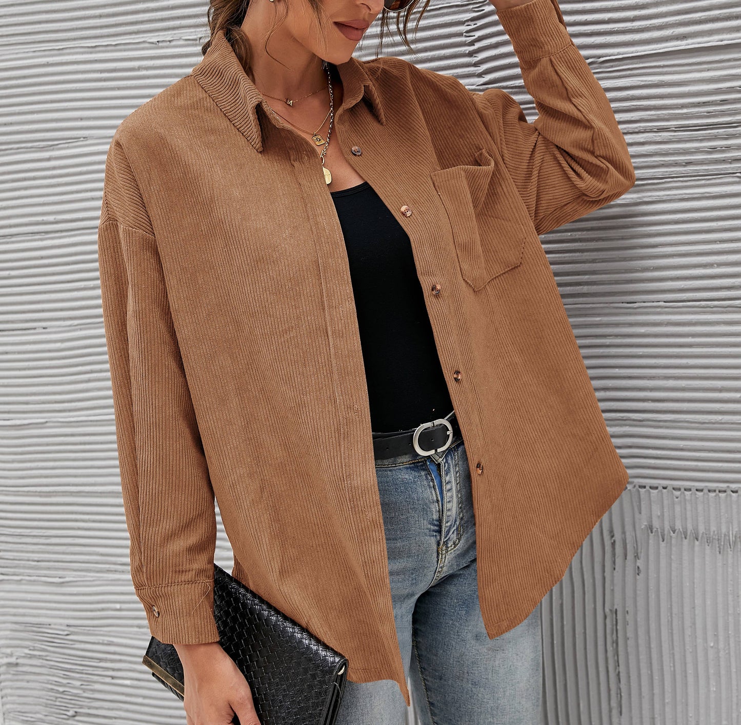 Corduroy Oversized Solid Shacket: Caramel / M