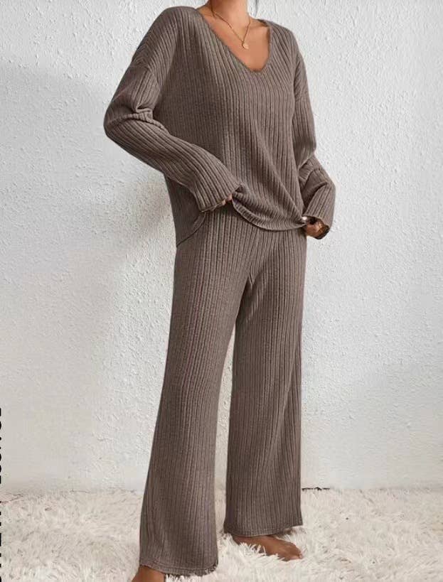 V-NECK LOOSE CASUAL PIT STRIP LONG SLEEVE SUIT: APRICOT / (M) 1