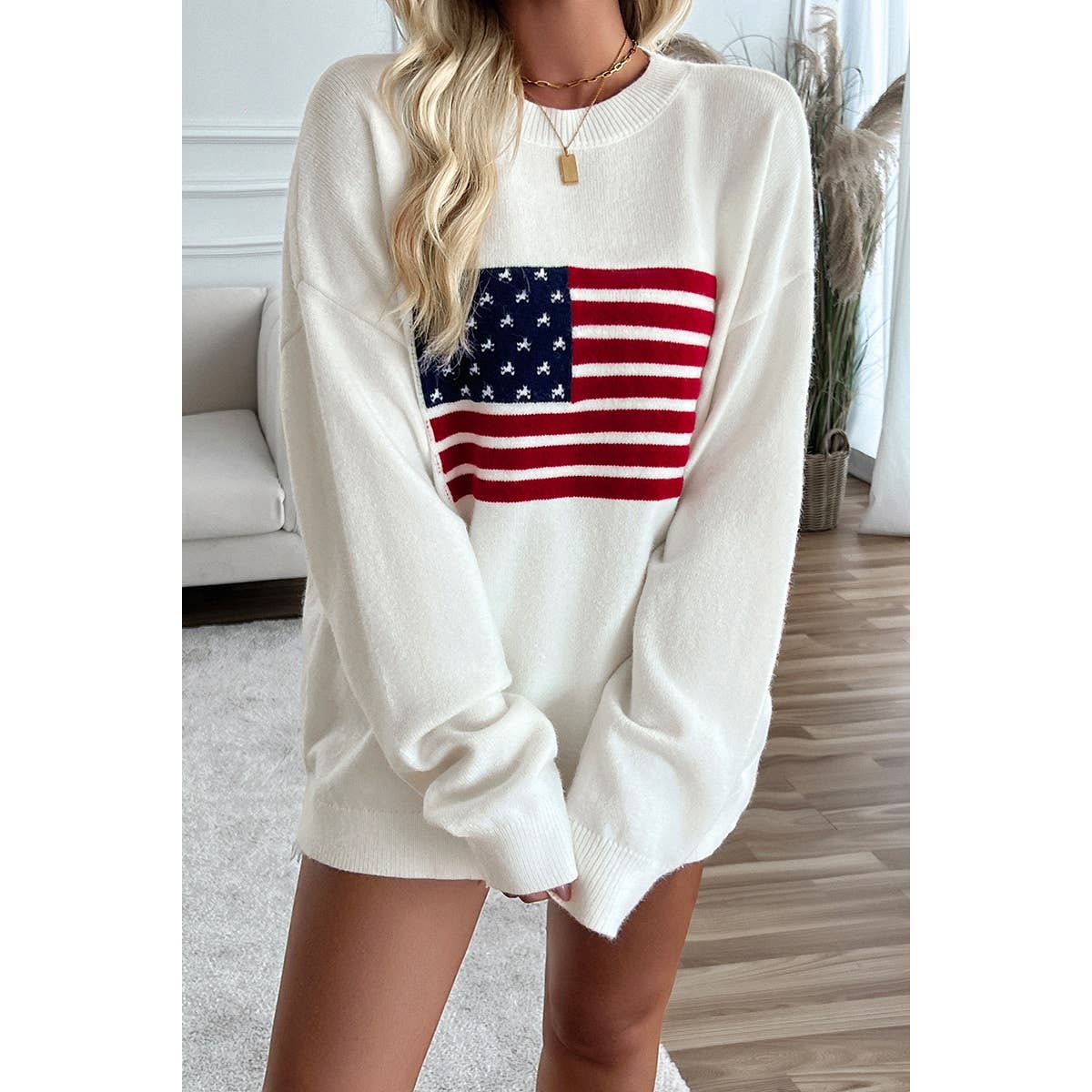 Knit Round Neck Flag Print Loose Fit Sweater: BEIGE / L