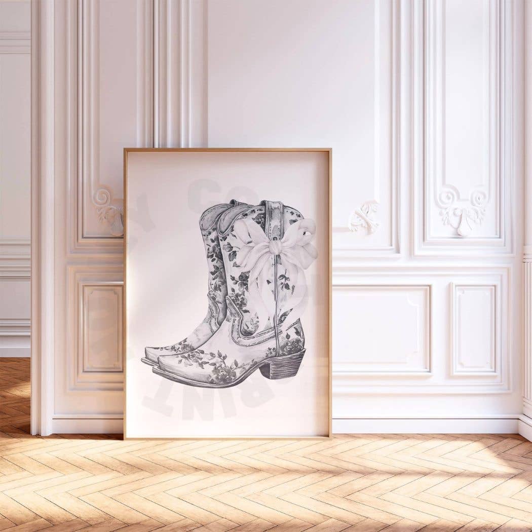 Floral Cowboy Boots With White Bow Wall Art Monotone Print: 12″ x 18″