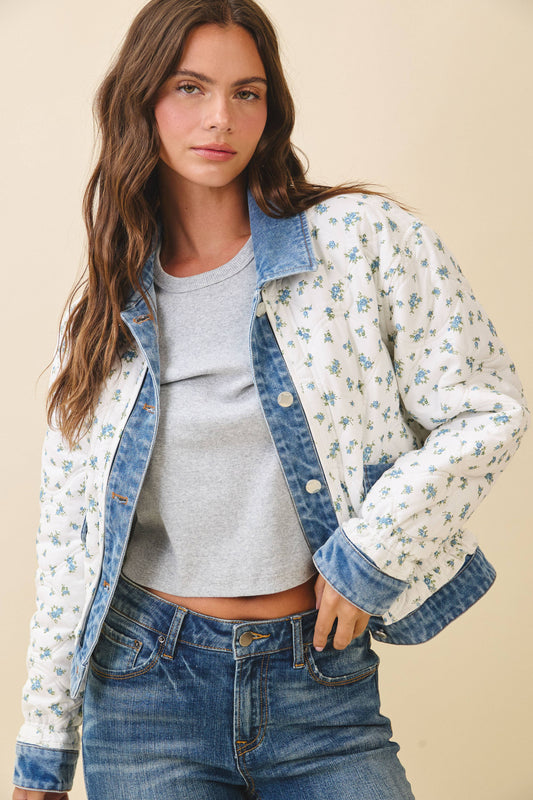5166GK Floral Quilted Denim Trim Jacket: Floral / Contemporary / S
