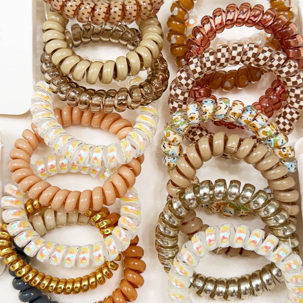 Brown Tone Multi Design Spiral Hair Ties: MIX COLOR / ONE(12)