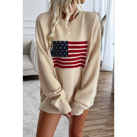 Knit Round Neck Flag Print Loose Fit Sweater: BEIGE / M