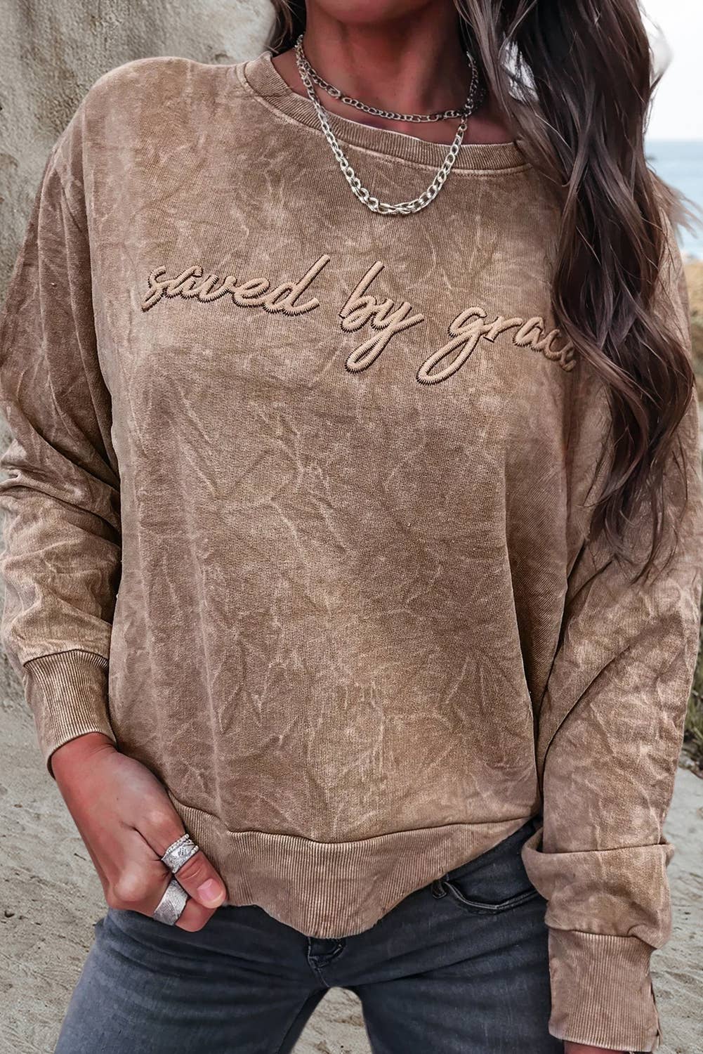 Saved by grace Embroidery Mineral Wash Sweatshirt NEW | S-XL: As shown / Missy / L