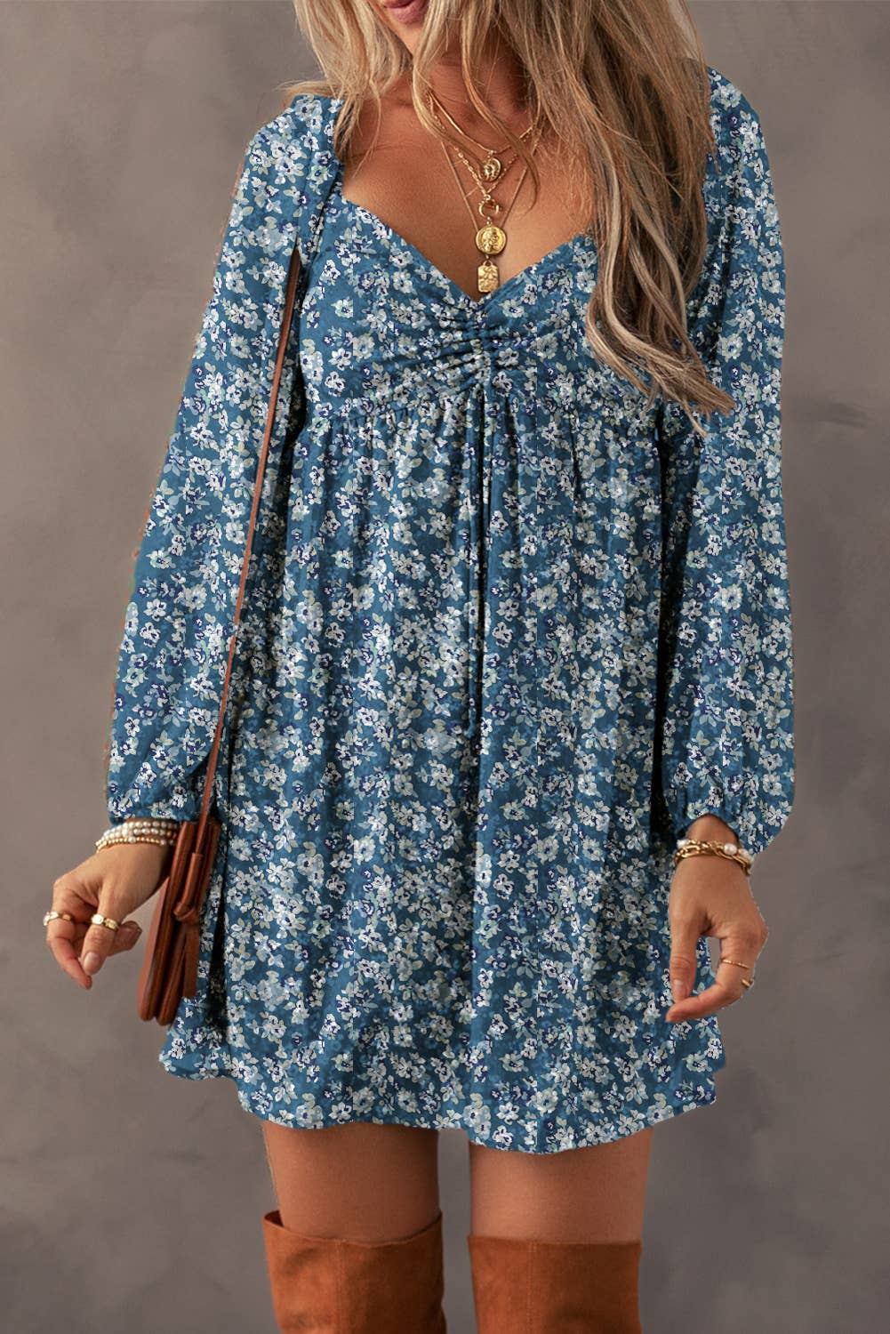 BOHO Floral Sweetheart Neck Mini Dress | S-XL: As shown / Missy / S