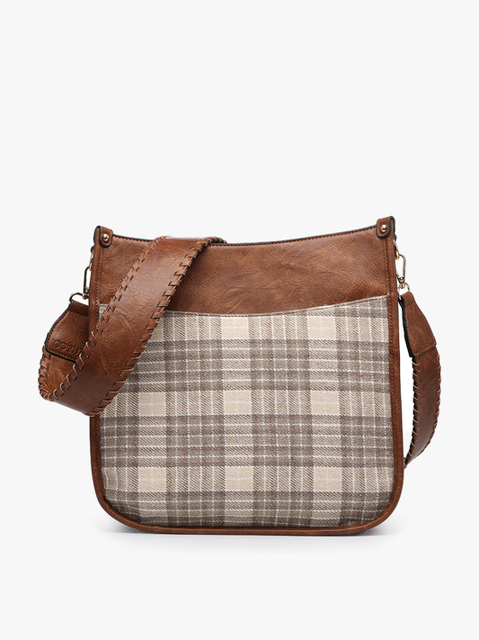 M1977PLD Chloe Plaid Crossbody with Guitar Strap: Brown/Beige