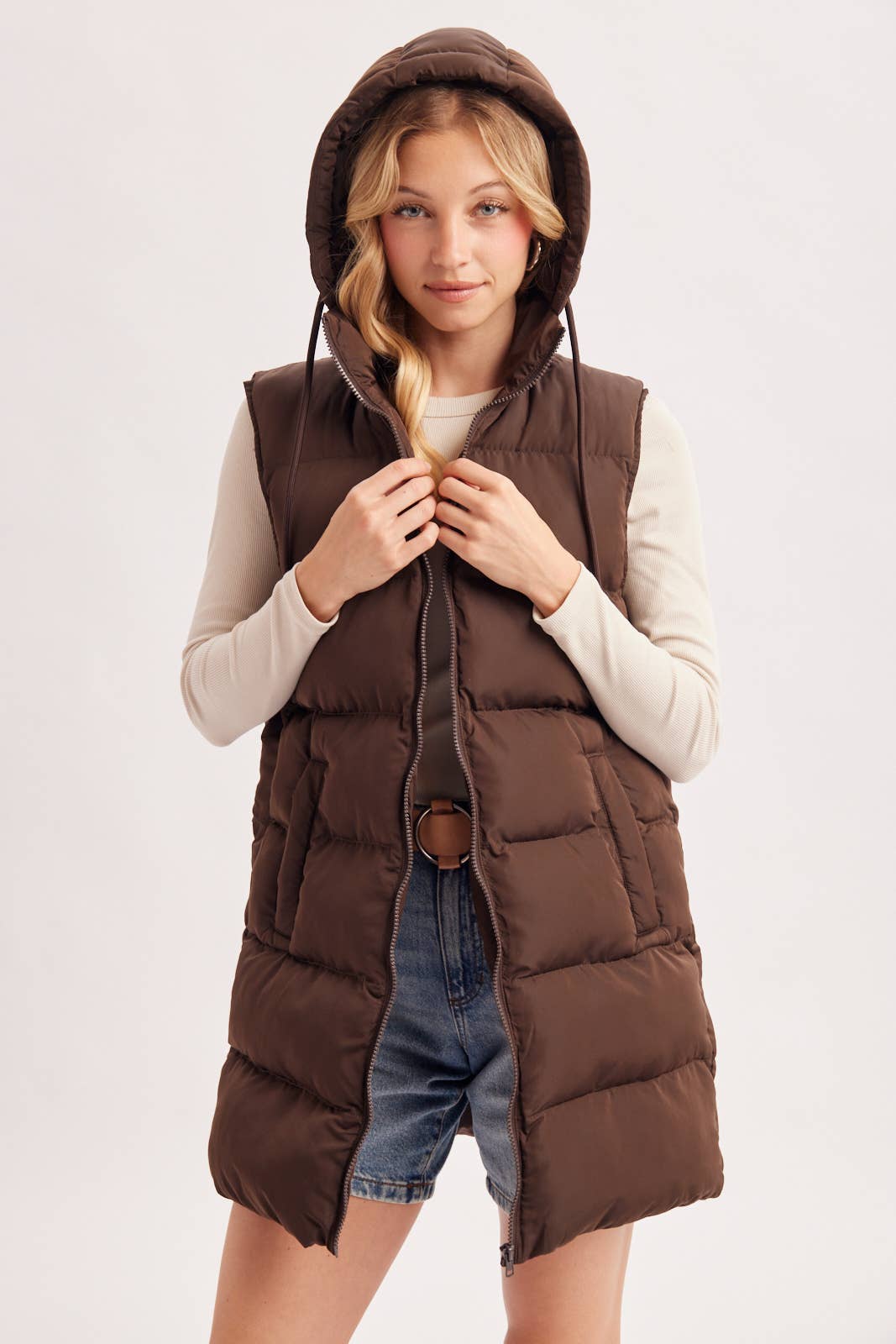 HOODED ZIPPER DOWN LONGLINE PUFFER VEST: CHOCOLATE / L