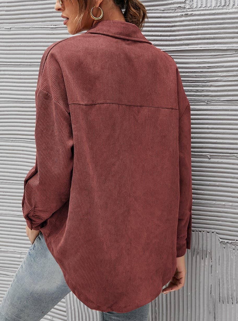 Corduroy Oversized Solid Shacket: Caramel / L