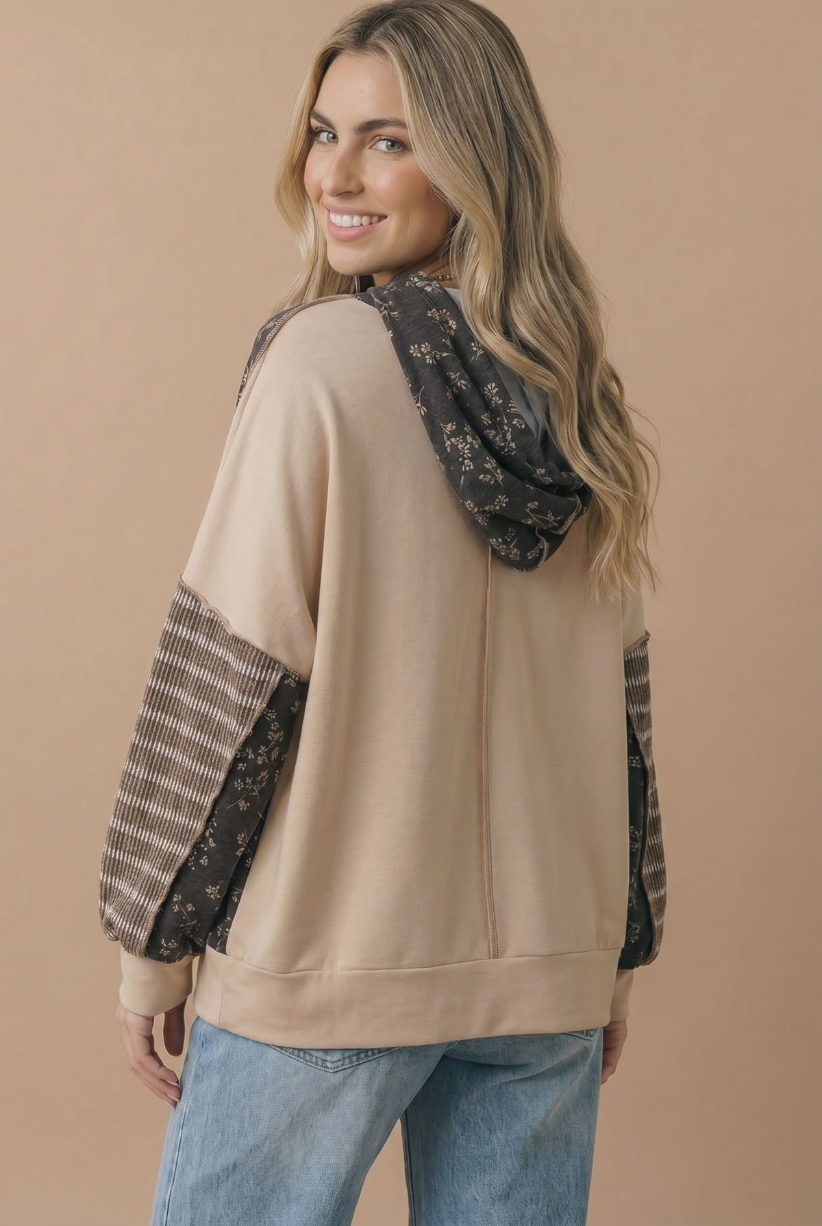 Long Sleeve Oversized Kangaroo Pocket Hoodie: TAUPE/CHARCOAL