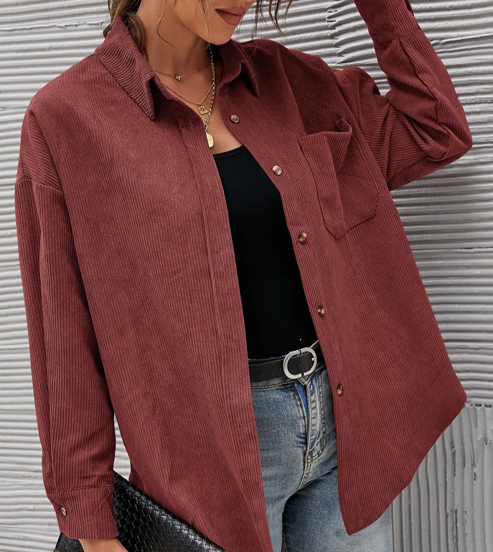 Corduroy Oversized Solid Shacket: Caramel / L