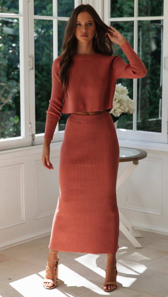Solid Color Top & Skirt 2PCS Kintted Set Sweater Set HL7300: Brick / L