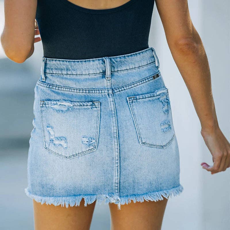 Distressed Raw Hem Denim Mini Skirt SKS6707: Blue / S