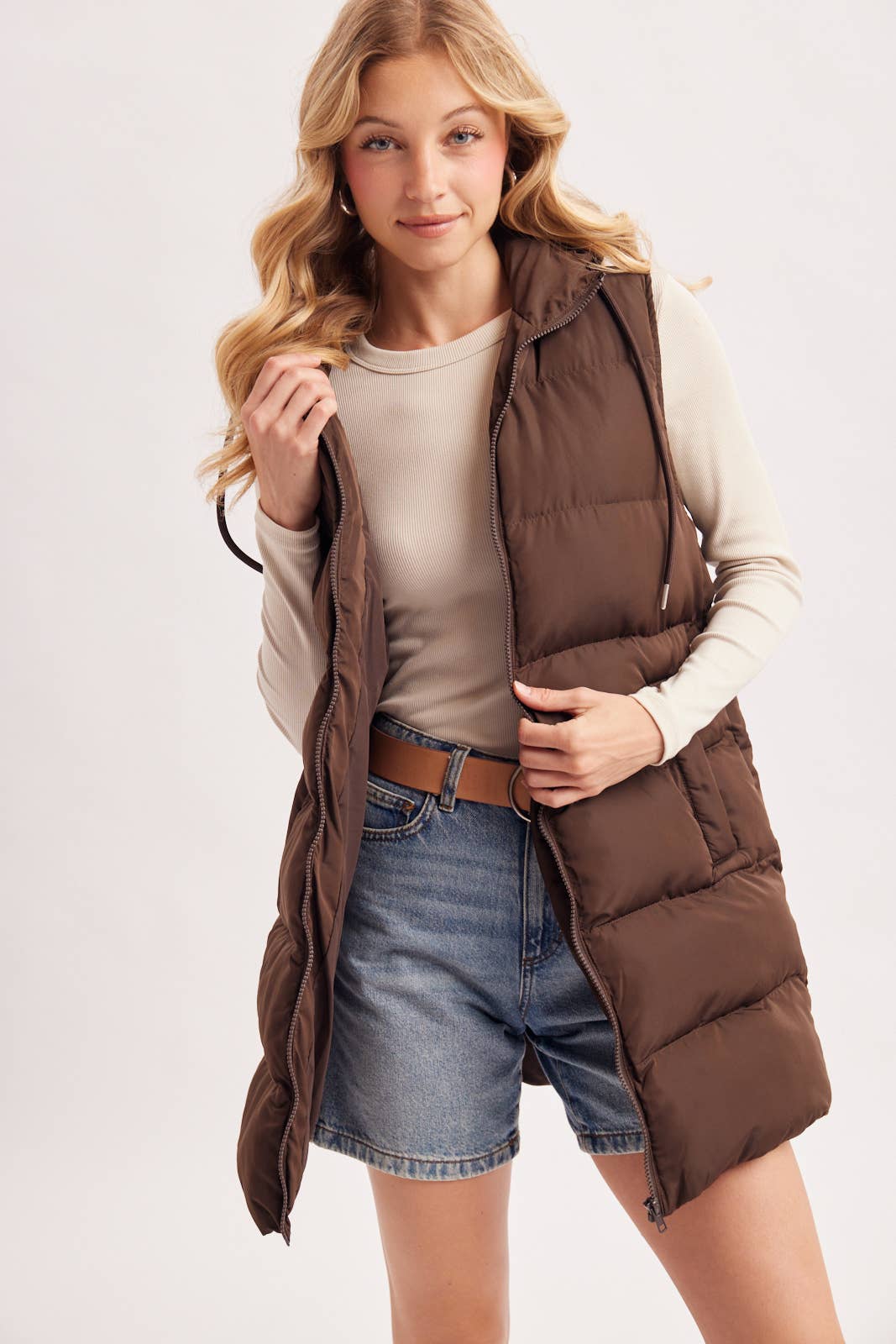 HOODED ZIPPER DOWN LONGLINE PUFFER VEST: CHOCOLATE / L