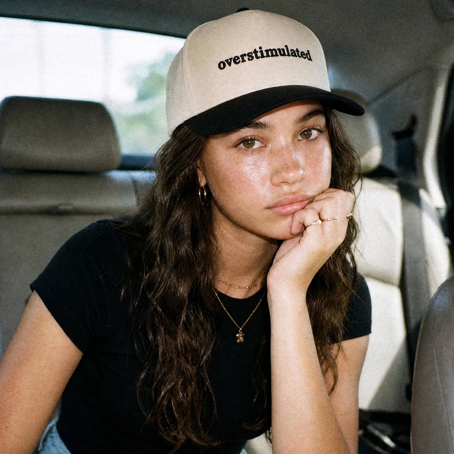 C.C OVERSTIMULATED Letter Embroidered Two Tone Trucker Cap: Black