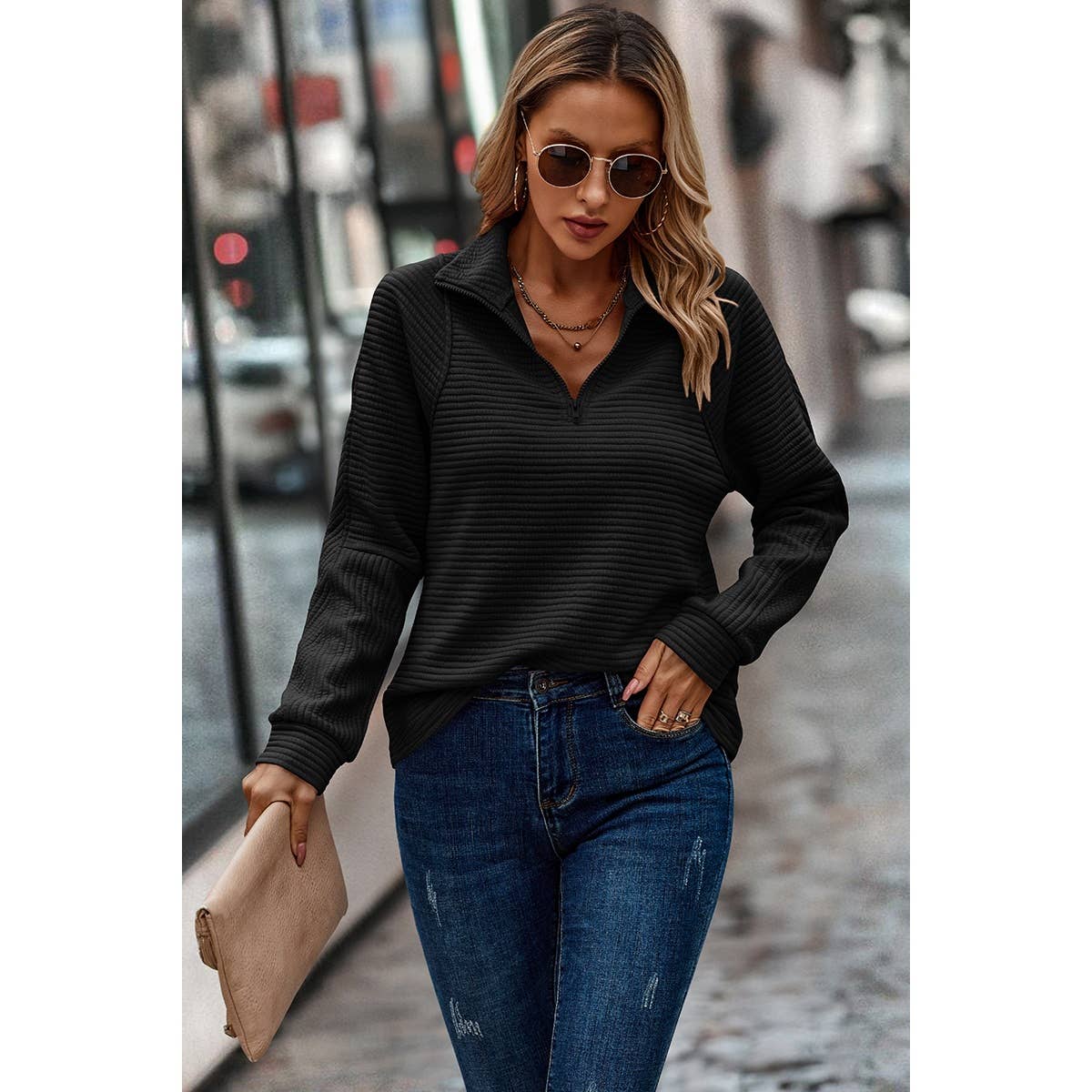 Drop Shoulder Strip Half Zipper Fit Solid Sweatshirt: WINE / L