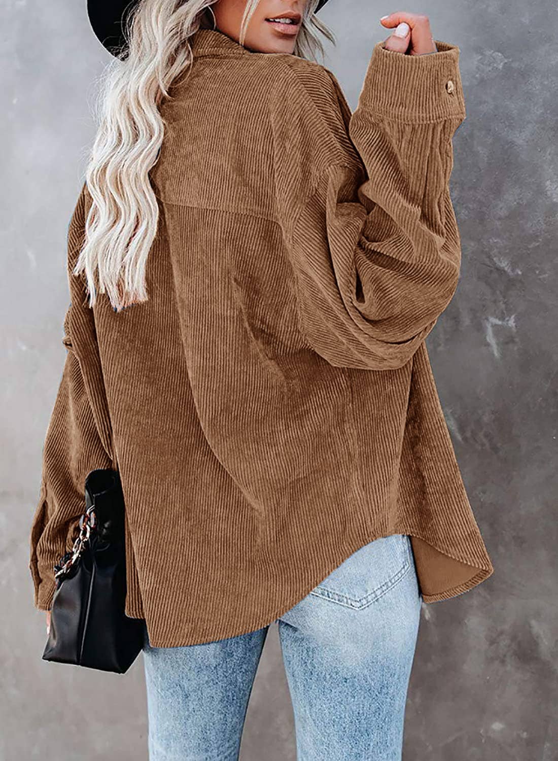 Corduroy Oversized Solid Shacket: Caramel / M