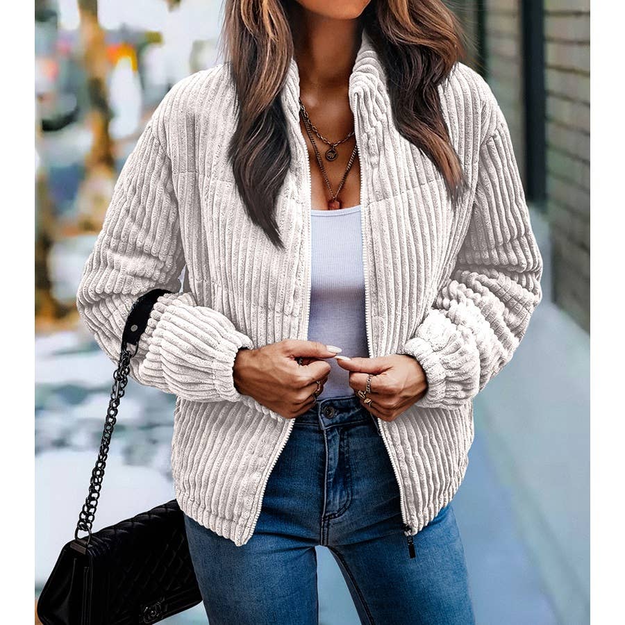 Fuzzy Pocket Zipper Strip Coat Jacket: BROWN / S