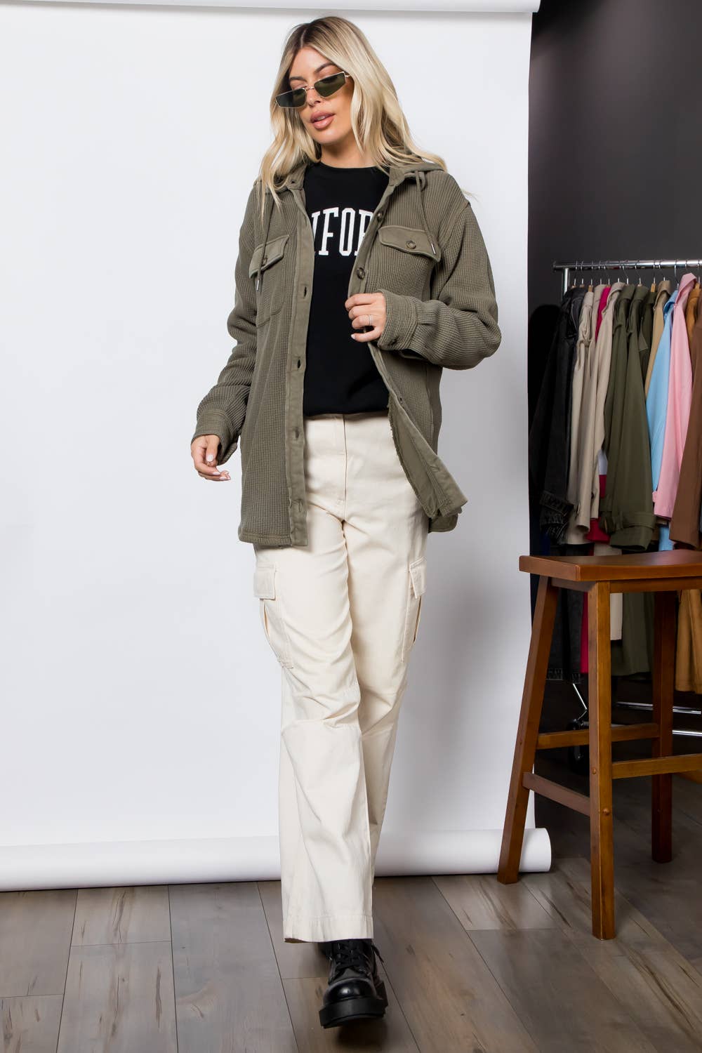Garment Dye Heavy Waffle Knit Hoodie Shacket: Olive