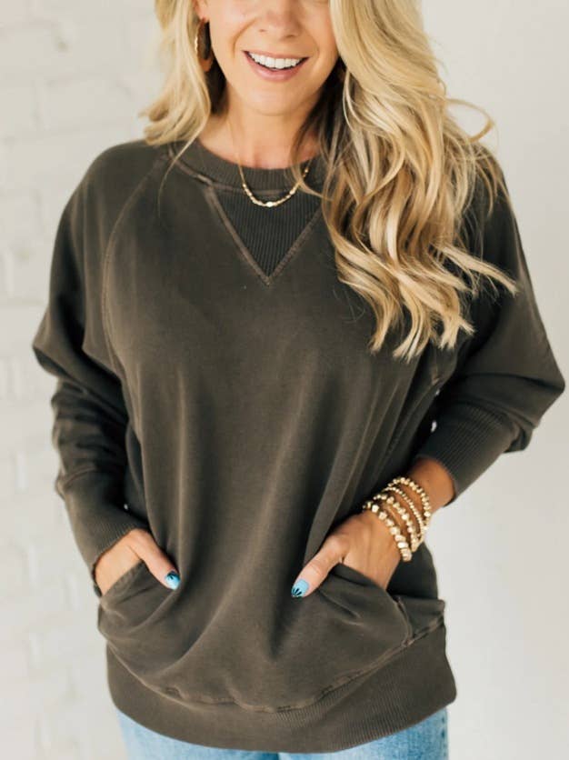 RIBBED POCKET PULLOVER LONG-SLEEVED LOOSE HOODIE: ARMYGREEN / (XL) 1