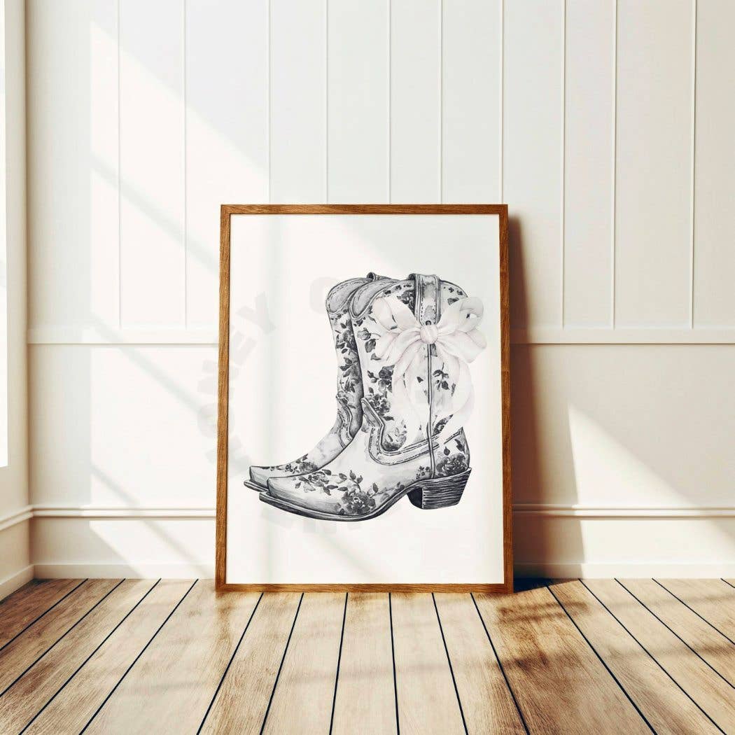 Floral Cowboy Boots With White Bow Wall Art Monotone Print: 12″ x 18″