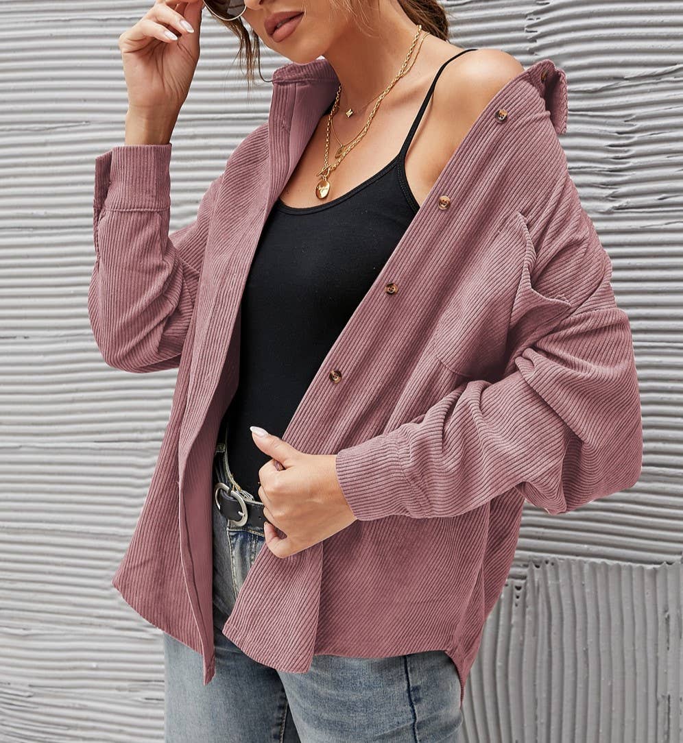 Corduroy Oversized Solid Shacket: Caramel / S