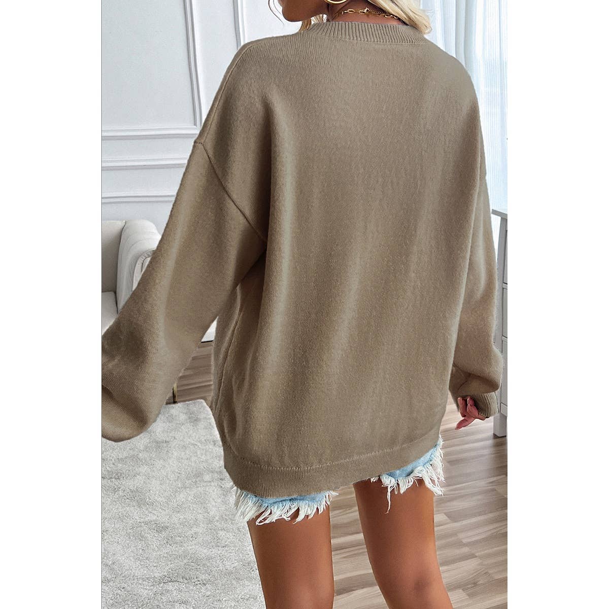 Knit Round Neck Flag Print Loose Fit Sweater: BEIGE / M