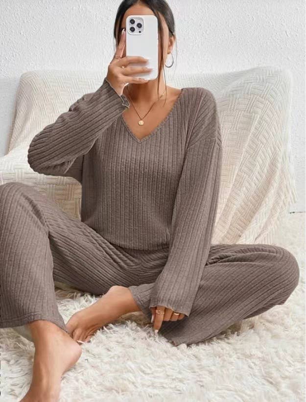 V-NECK LOOSE CASUAL PIT STRIP LONG SLEEVE SUIT: APRICOT / (M) 1