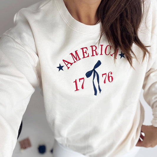 Embroidered America Coquette Bow 1776 Crewneck Sweatshirt: Sweet Cream