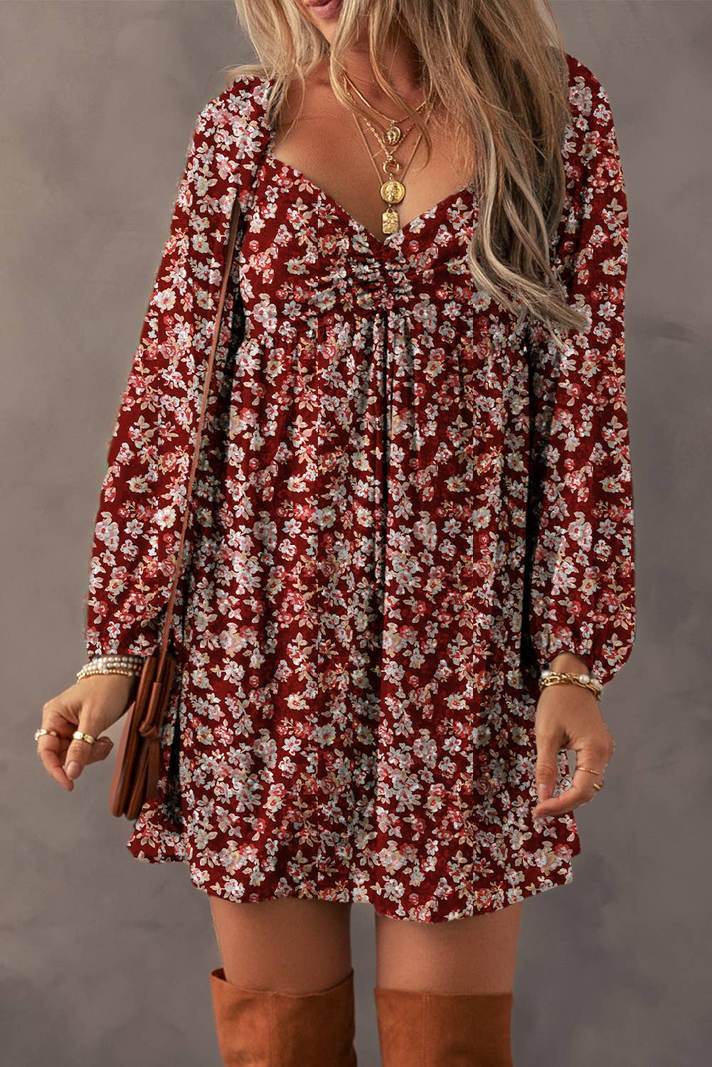 BOHO Floral Sweetheart Neck Mini Dress | S-XL: As shown / Missy / S