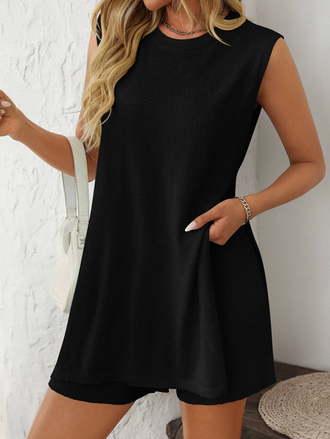 Knit Top Side Cut Out and Ribbed Shorts Set G5-SET233: Apricot / M