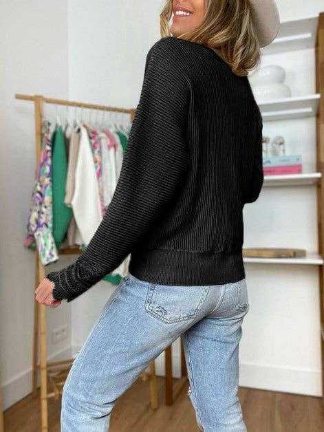 Woman Solid Lace Long Sleeve Striped Top: BLACK / L