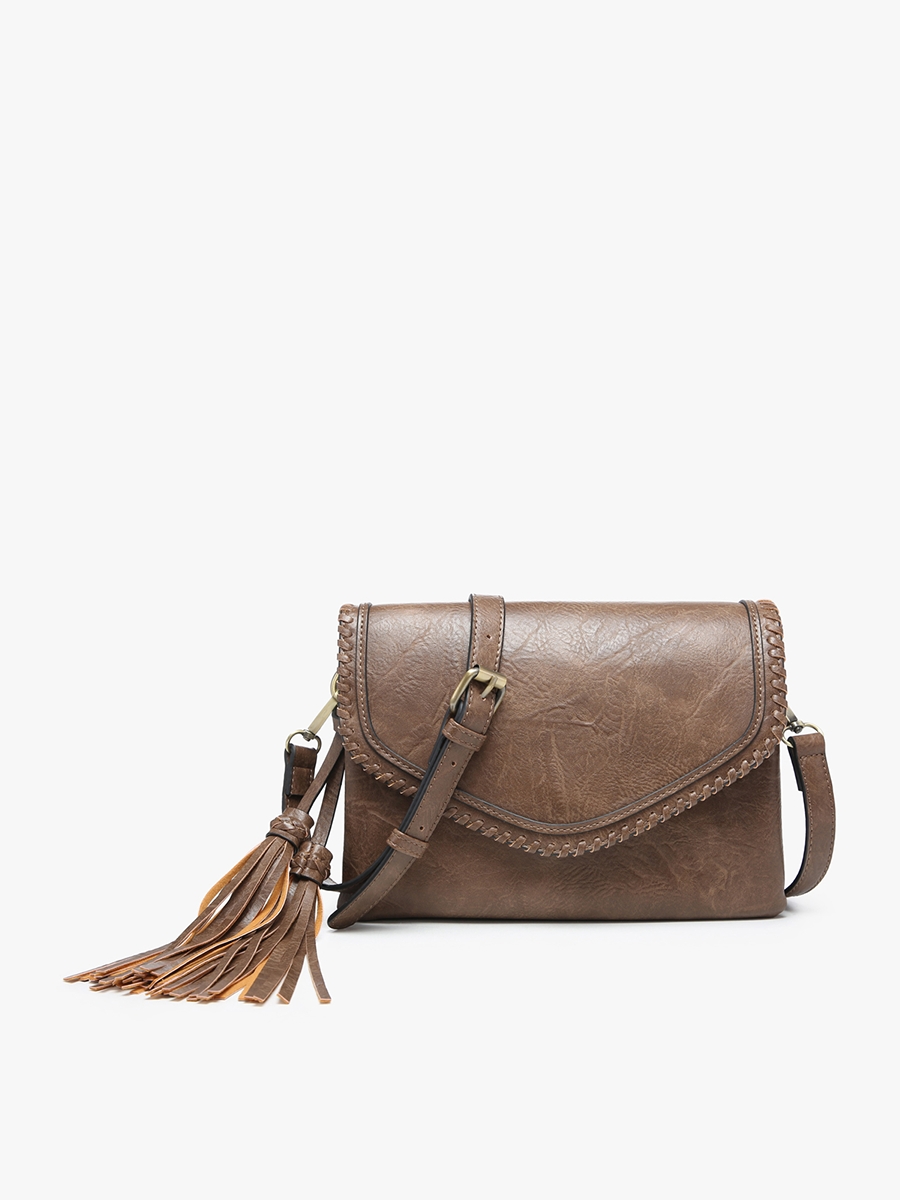 Sloane Flapover Crossbody w/ Whipstitch and Tassel | M1802A : Grey