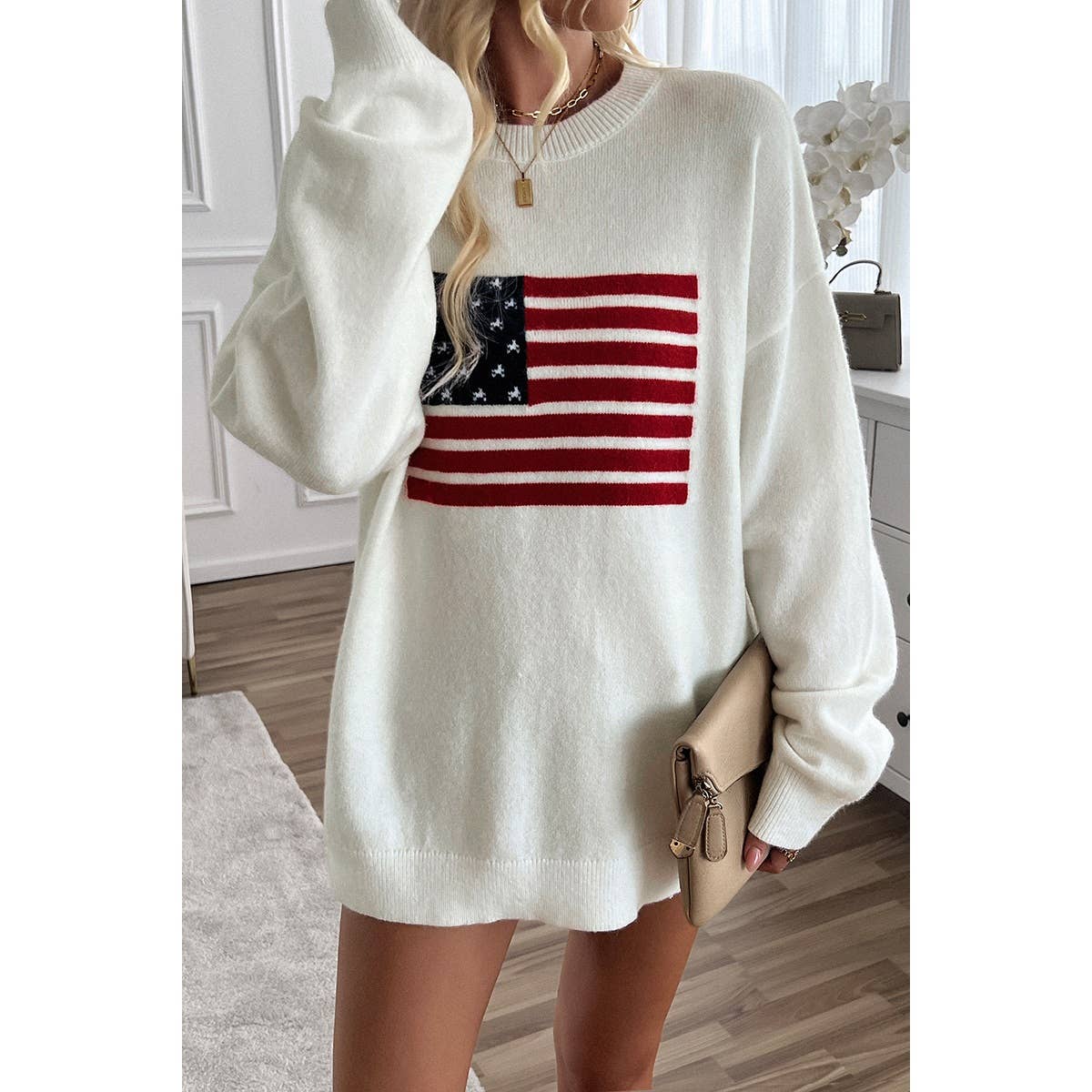 Knit Round Neck Flag Print Loose Fit Sweater: BEIGE / M