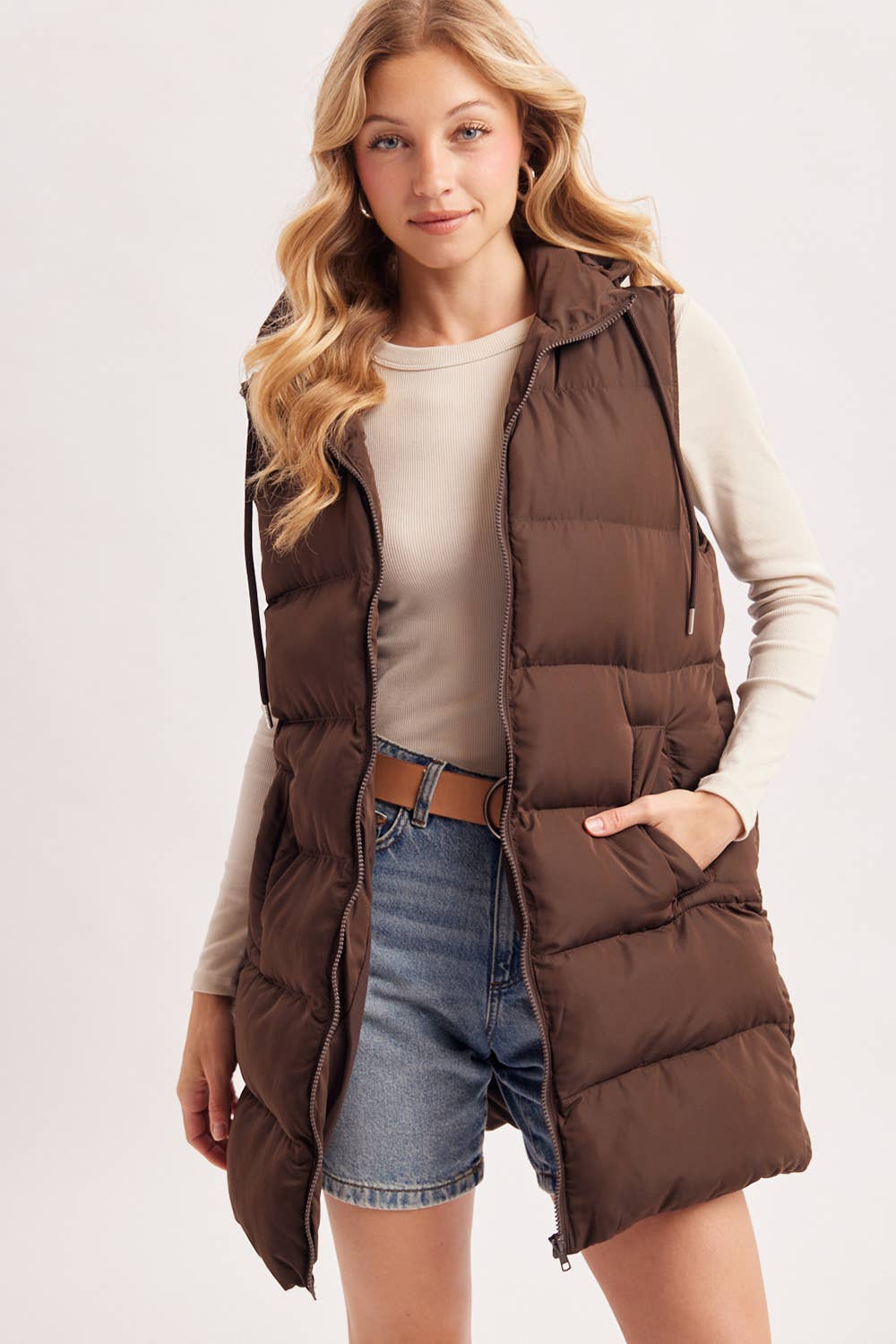 HOODED ZIPPER DOWN LONGLINE PUFFER VEST: CHOCOLATE / M