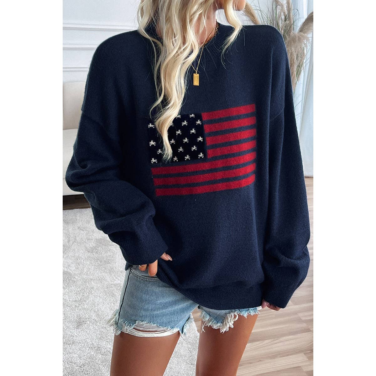 Knit Round Neck Flag Print Loose Fit Sweater: BEIGE / XL