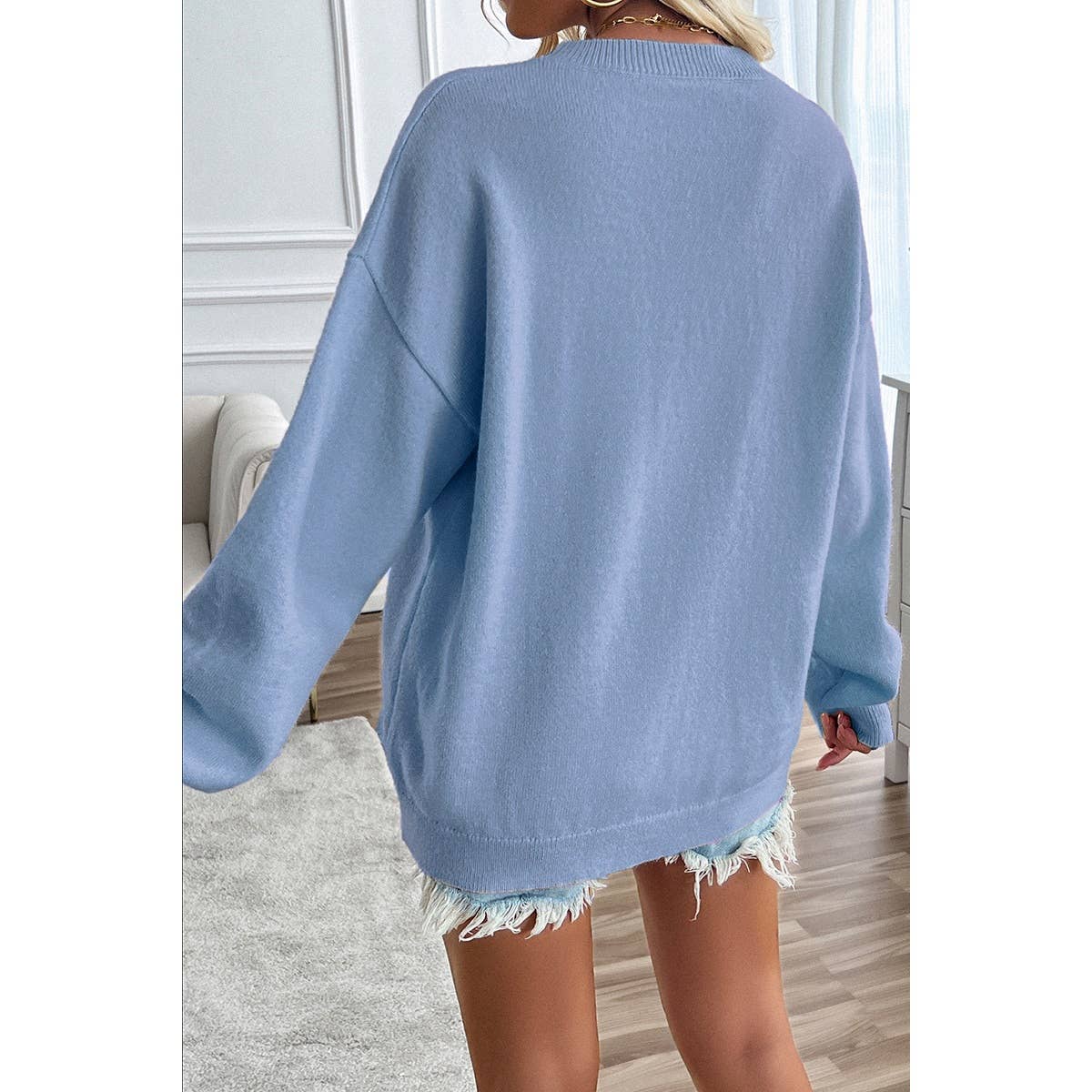 Knit Round Neck Flag Print Loose Fit Sweater: BEIGE / XL