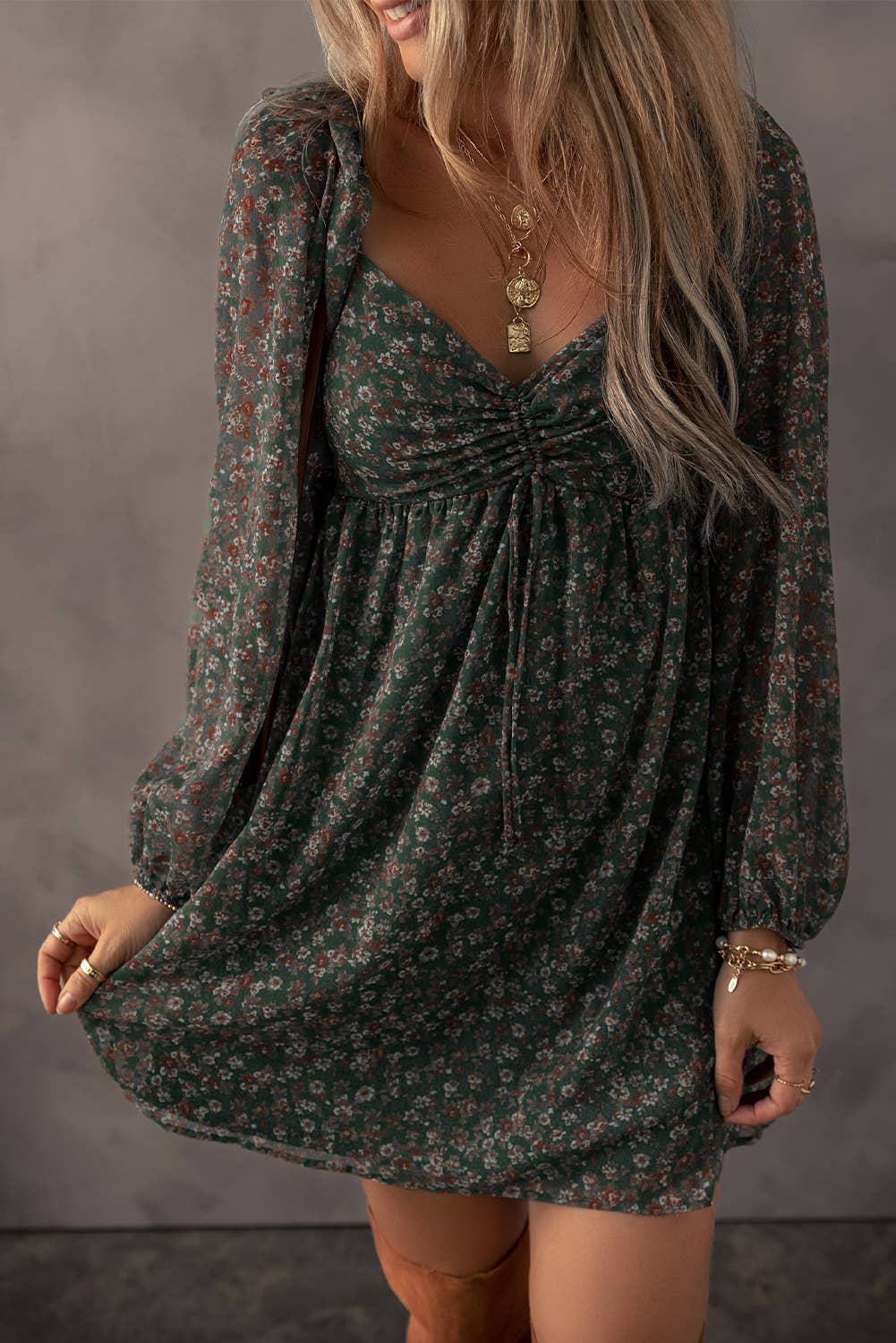 BOHO Floral Sweetheart Neck Mini Dress | S-XL: As shown / Missy / S