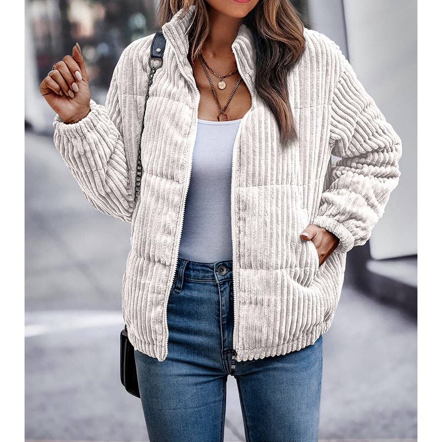 Fuzzy Pocket Zipper Strip Coat Jacket: BROWN / L