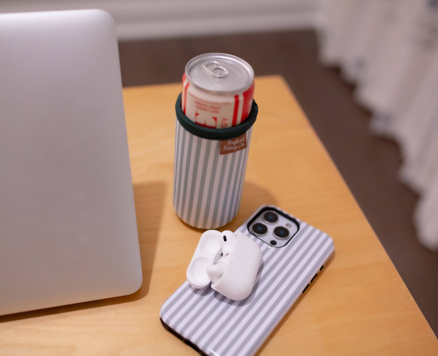 Slim Can Drink Sleeves- Reusable Neoprene Coolers with Aesthetic Patterns, 12oz Skinny Can Holder for Seltzer Energy Drinks: 6 green stripe