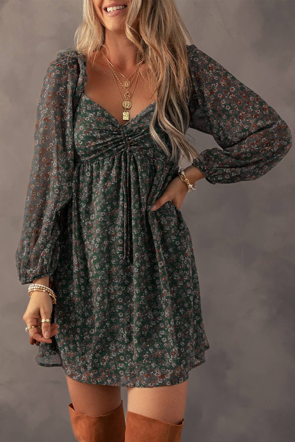 BOHO Floral Sweetheart Neck Mini Dress | S-XL: As shown / Missy / L
