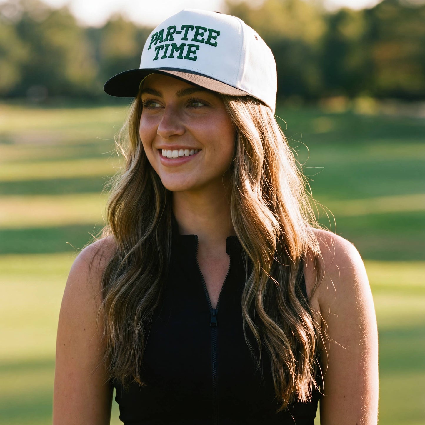 C.C PAR-TEE TIME Letter Embroidered on Two Tone Trucker Hat: Black