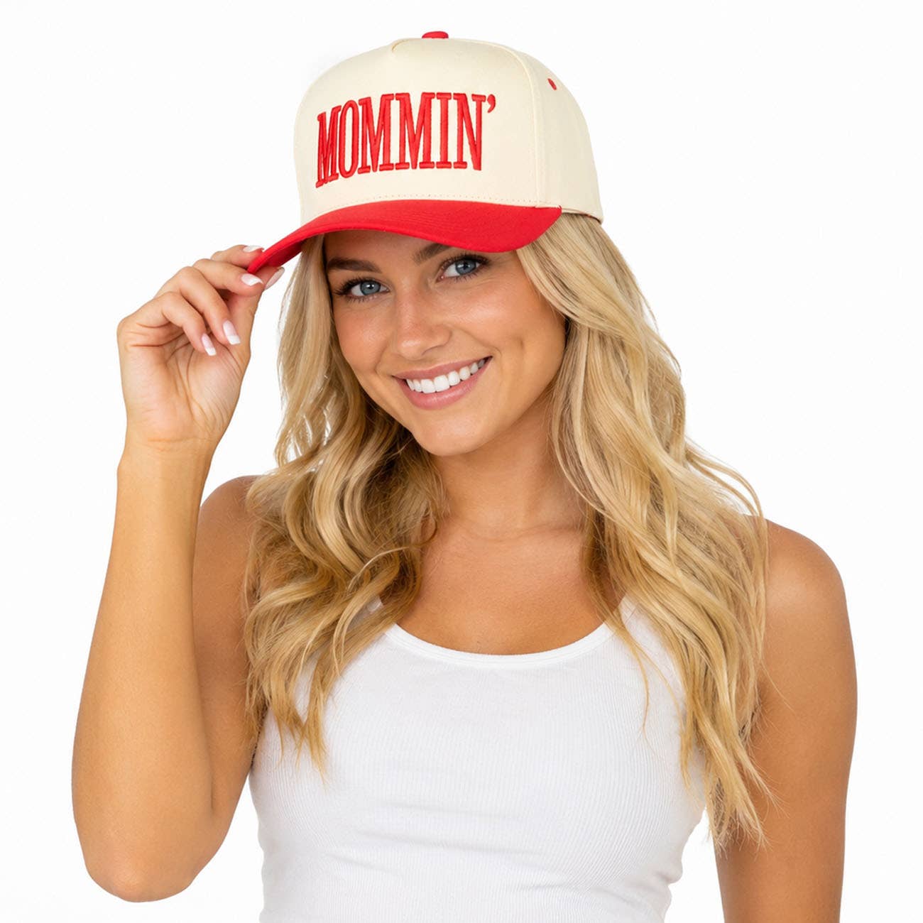 C.C MOMMIN Letter Two Tone Trucker Cap: Beige