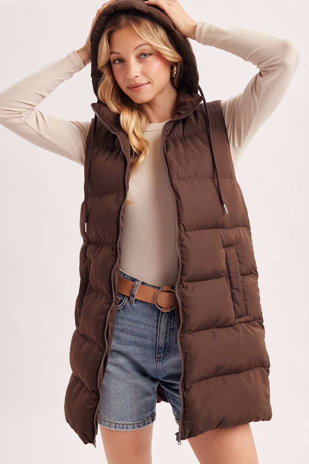 HOODED ZIPPER DOWN LONGLINE PUFFER VEST: CHOCOLATE / S