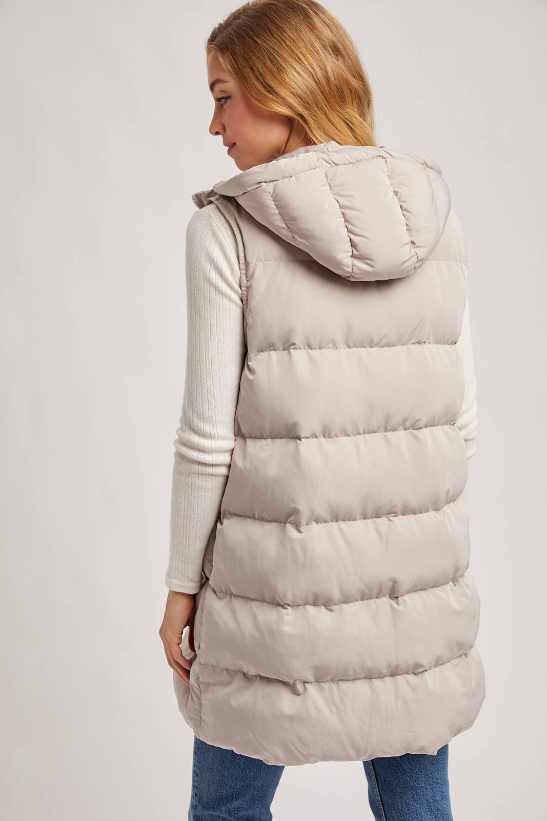 HOODED ZIPPER DOWN LONGLINE PUFFER VEST: CHOCOLATE / S