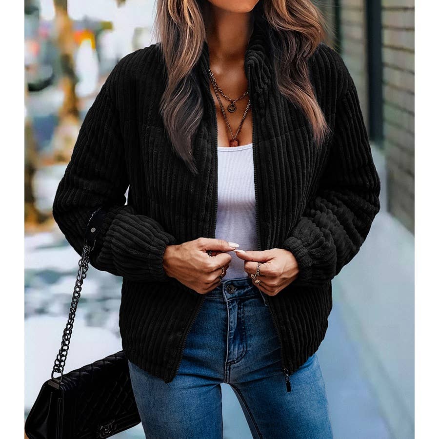 Fuzzy Pocket Zipper Strip Coat Jacket: BROWN / S