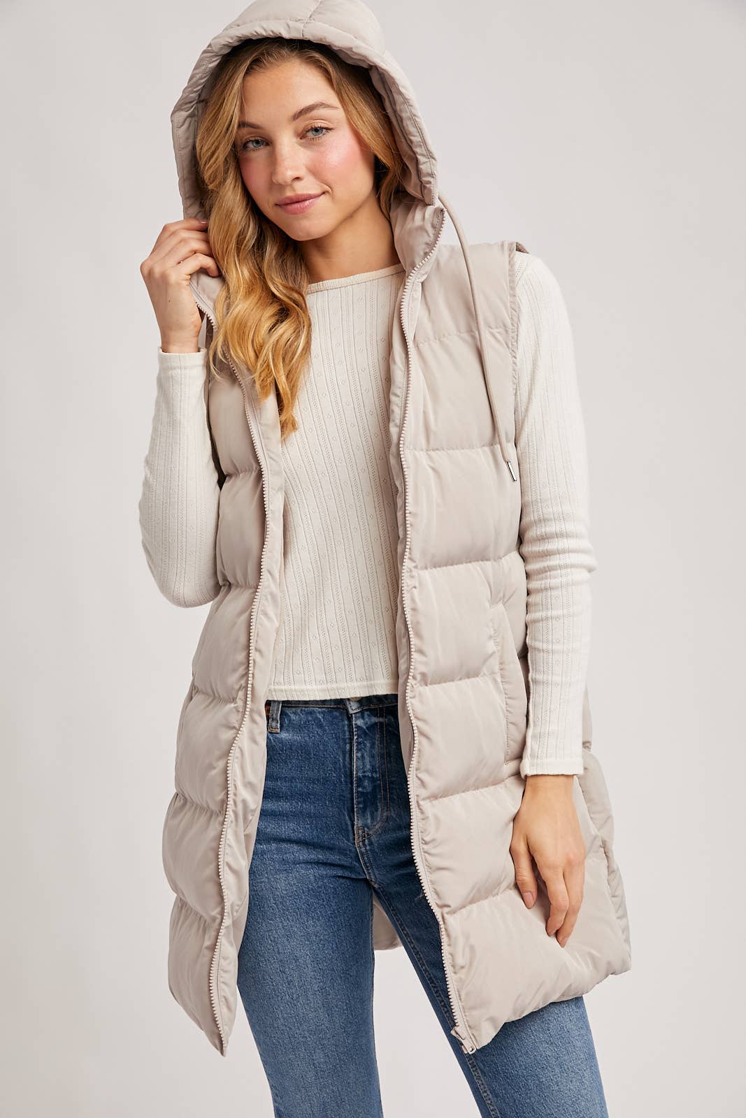 HOODED ZIPPER DOWN LONGLINE PUFFER VEST: CHOCOLATE / M
