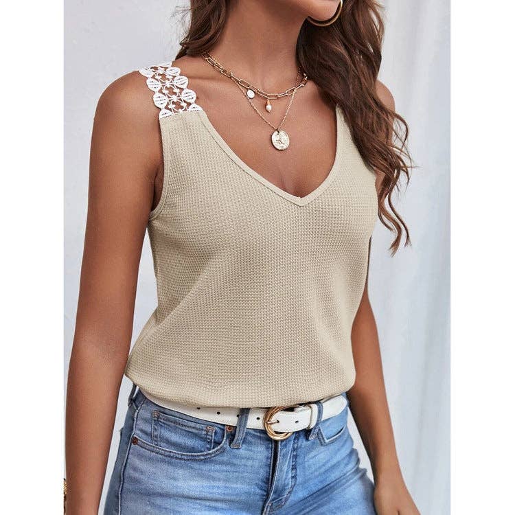 Solid Color Sleeveless V-Neck Ladies T-Shirt YC230528: Grey / M