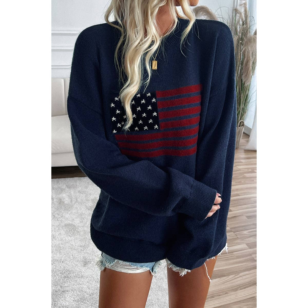 Knit Round Neck Flag Print Loose Fit Sweater: BEIGE / XL