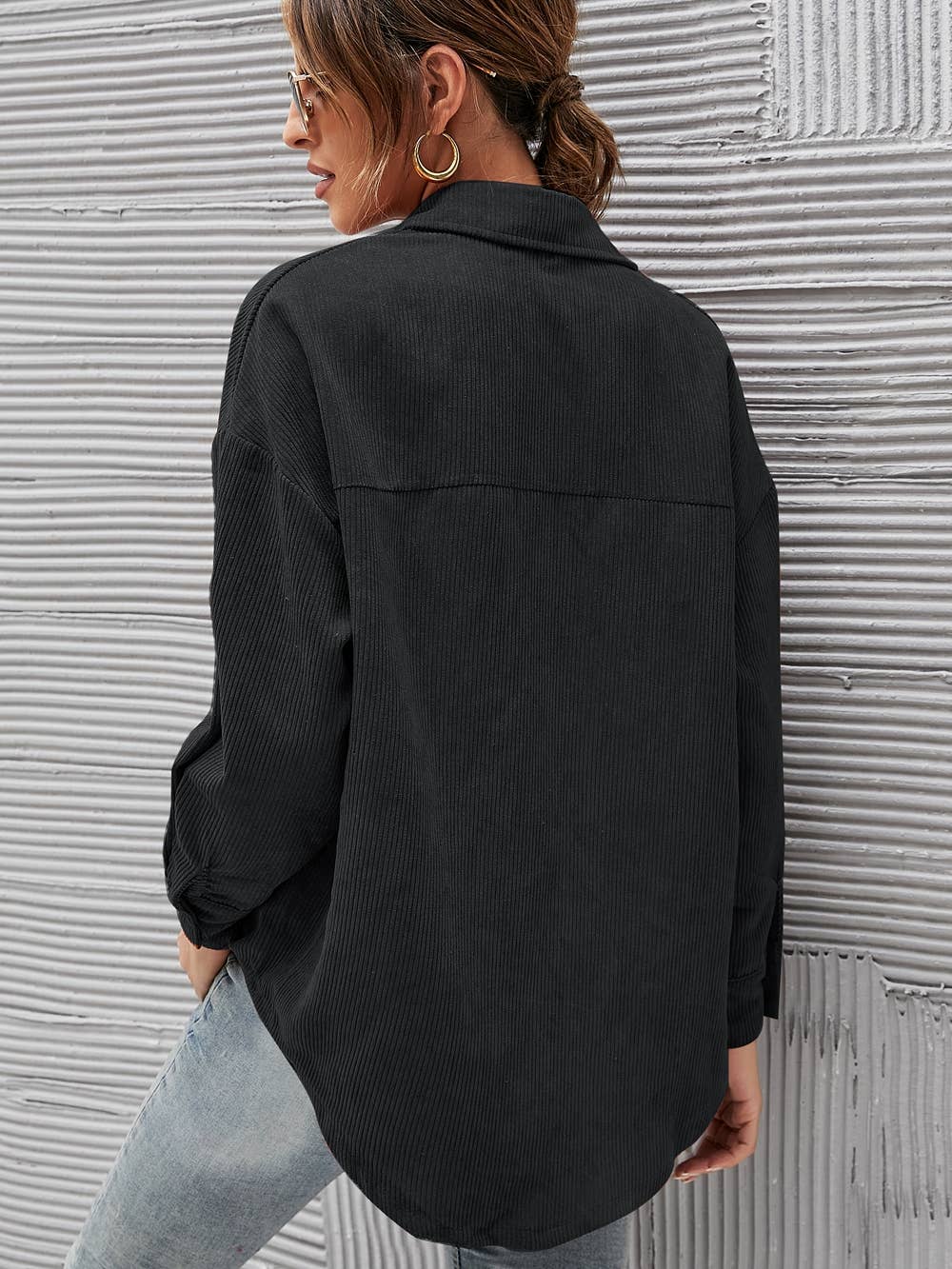 Corduroy Oversized Solid Shacket: Caramel / M