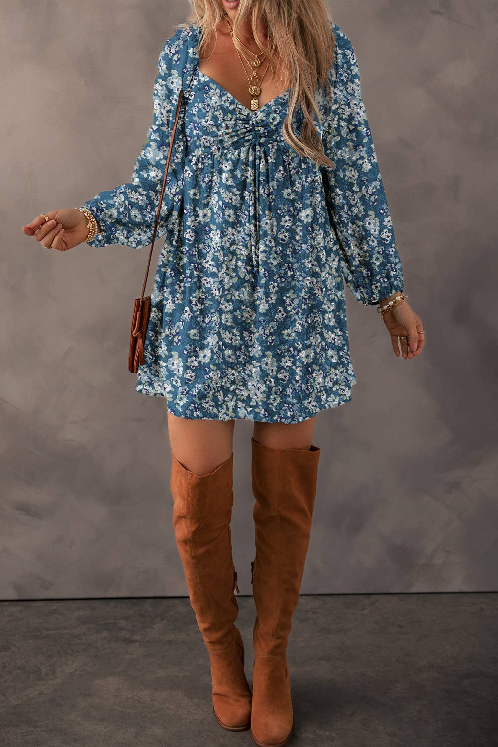 BOHO Floral Sweetheart Neck Mini Dress | S-XL: As shown / Missy / S